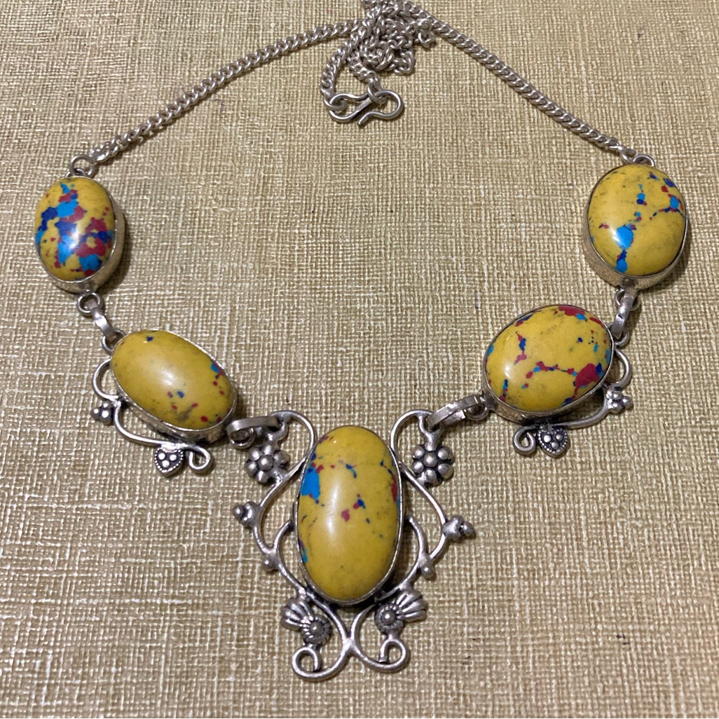 Yellow Mosaic Jasper Silver 5 Stone Silver Necklace 19